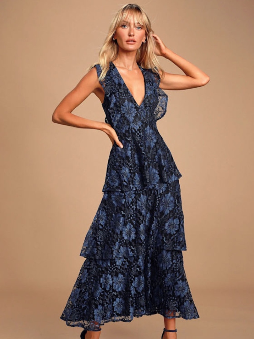 Lulus Molinetto Navy Blue Lace Ruffled Tiered Sleeveless Maxi Dress - Size M